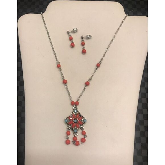 Pretty Turquoise & Coral Necklace & Earring Set - Picture 1 of 1